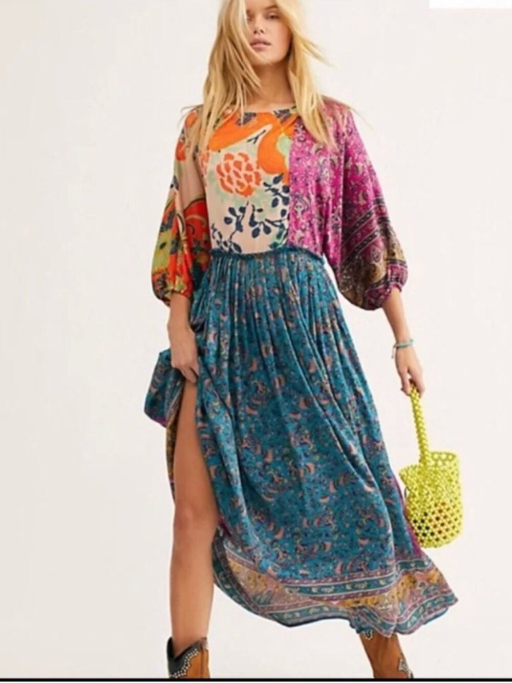 Free People What You Want Maxi Dress Patchwork Print Open Back Boho Small